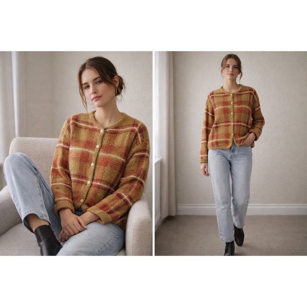 Vintage Mohair Plaid Cardigan Women L Boxy Granny Cottagecore Academia Sweater